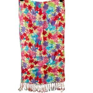 Womens Scarf Floral Rectangle Red Pink Purple Green Multicolor Fringe